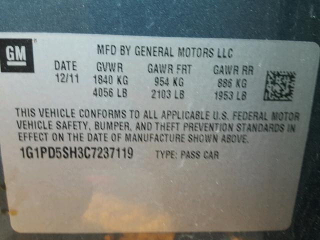 1G1PD5SH3C7237119 - 2012 CHEVROLET CRUZE LS BLUE photo 10