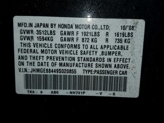 JHMGE88449S020855 - 2009 HONDA FIT SPORT BLACK photo 10