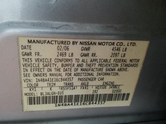 1N4BA41E16C844357 - 2006 NISSAN MAXIMA SE SILVER photo 10