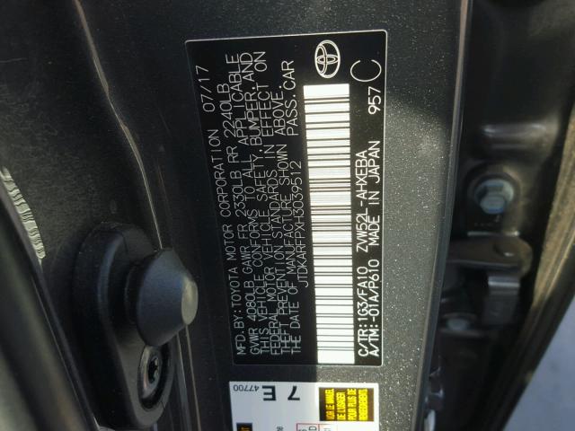 JTDKARFPXH3039512 - 2017 TOYOTA PRIUS PRIM ნაცრისფერი ფოტო 10