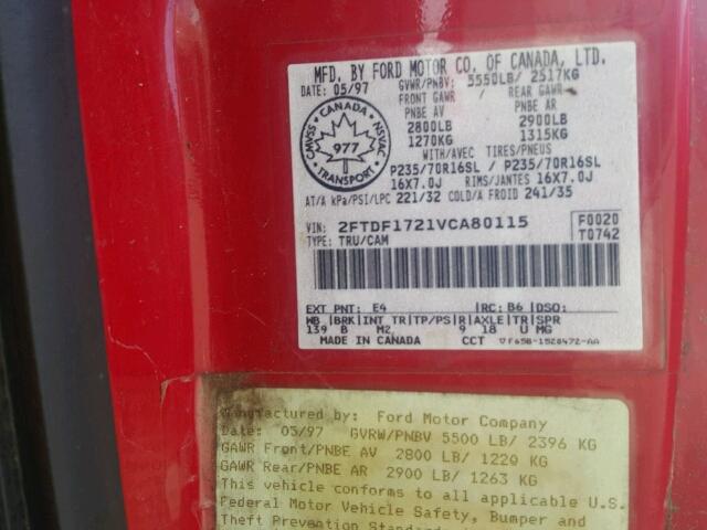 2FTDF1721VCA80115 - 1997 FORD F150 Rot Foto 10