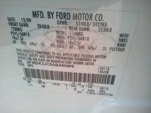 2FMDK3JC5ABA80669 - 2010 FORD EDGE SEL WHITE photo 10