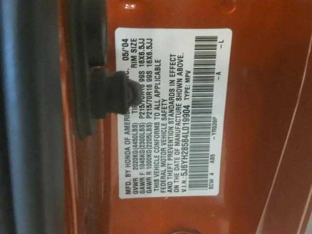 5J6YH28584L019904 - 2004 HONDA ELEMENT EX ORANGE photo 10