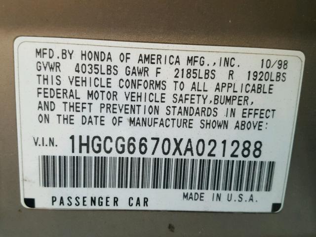 1HGCG6670XA021288 - 1999 HONDA ACCORD EX GRAY photo 10