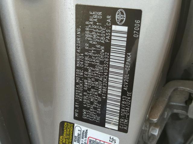 4T1BE32K24U352632 - 2004 TOYOTA CAMRY LE SILVER photo 10