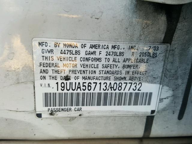 19UUA56713A087732 - 2003 ACURA 3.2TL WHITE photo 10