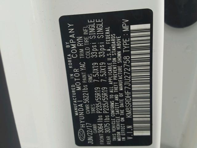 KM8SRDHF7JU272758 - 2018 HYUNDAI SANTA FE S 白色 照片 10