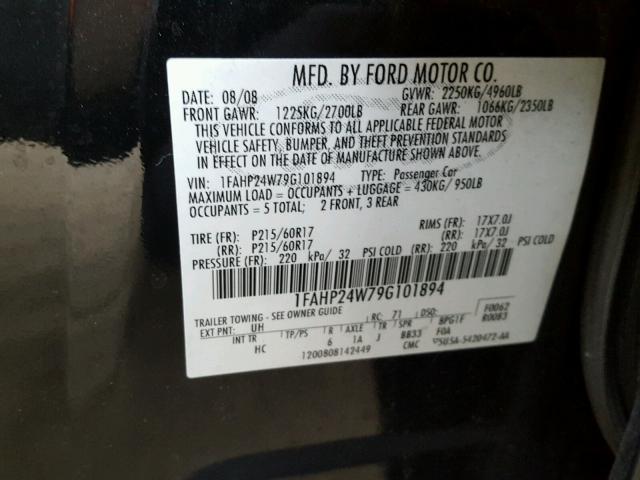 1FAHP24W79G101894 - 2009 FORD TAURUS SEL BLACK photo 10