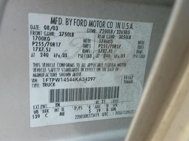 1FTPW14544KA34297 - 2004 FORD F150 SUPER SILVER photo 10