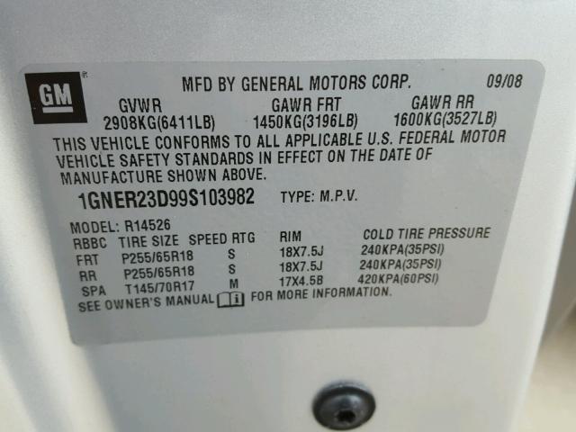 1GNER23D99S103982 - 2009 CHEVROLET TRAVERSE L SILVER photo 10