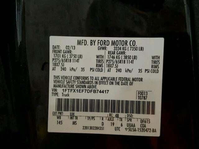 1FTFX1EF7DFB74417 - 2013 FORD F150 SUPER BLACK photo 10