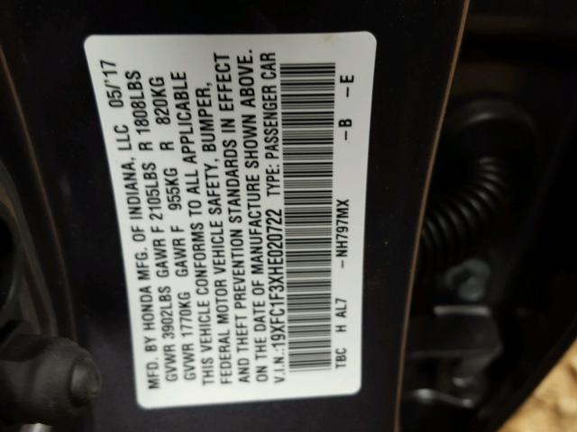 19XFC1F3XHE020722 - 2017 HONDA CIVIC EX GRAY photo 10