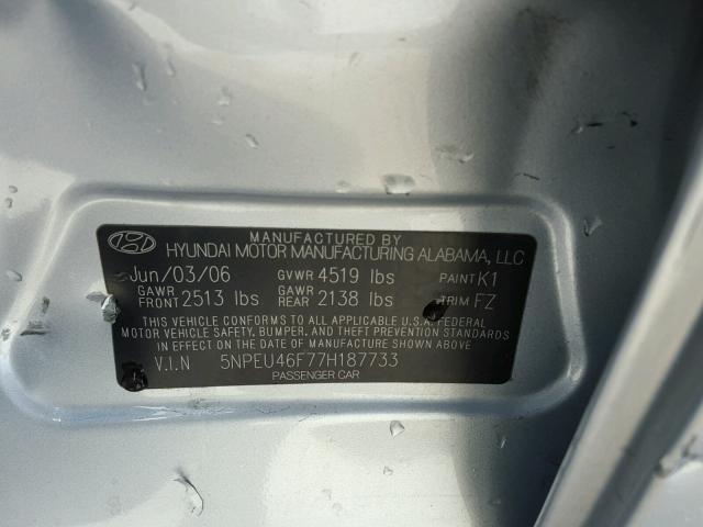 5NPEU46F77H187733 - 2007 HYUNDAI SONATA SE SILVER photo 10