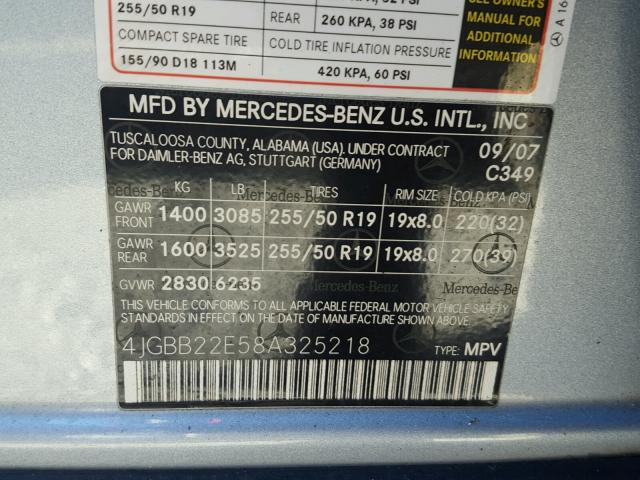 4JGBB22E58A325218 - 2008 MERCEDES-BENZ ML 320 CDI BLUE photo 10