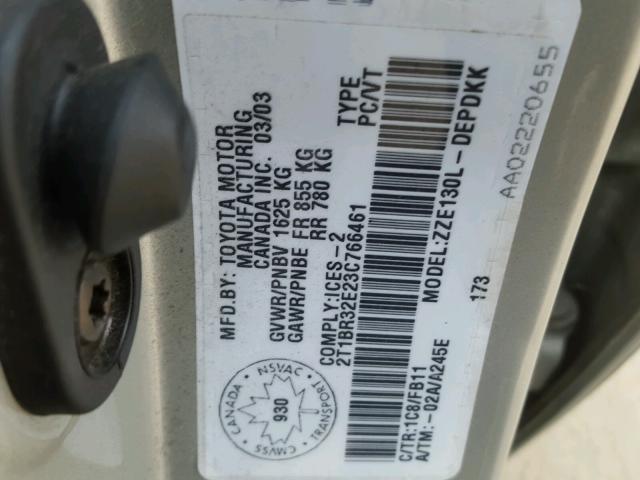 2T1BR32E23C766461 - 2003 TOYOTA COROLLA CE GRAY photo 10