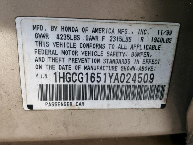 1HGCG1651YA024509 - 2000 HONDA ACCORD EX TAN photo 10