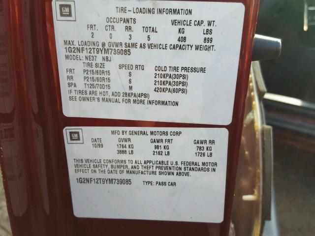 1G2NF12T9YM739085 - 2000 PONTIAC GRAND AM S MAROON photo 10