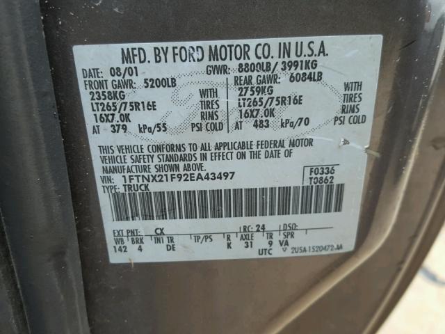 1FTNX21F92EA43497 - 2002 FORD F250 SUPER GRAY photo 10