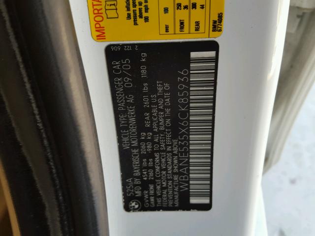 WBANE535X6CK85936 - 2006 BMW 525 I WHITE photo 10