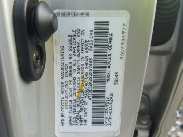 4T1BE32K22U557445 - 2002 TOYOTA CAMRY LE SILVER photo 10