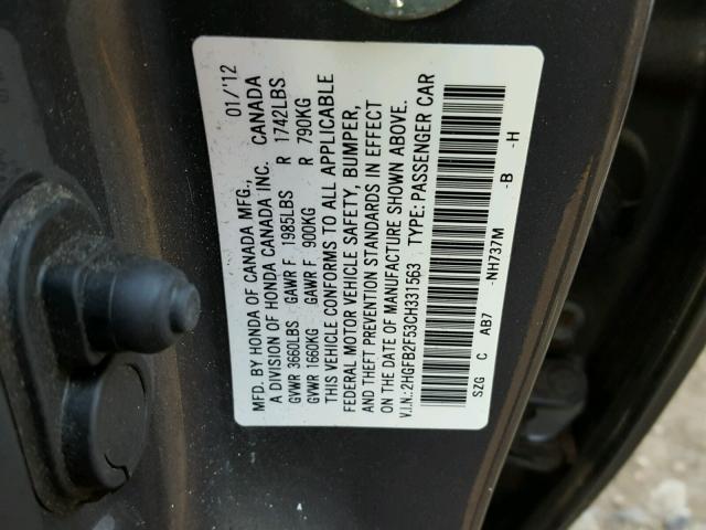 2HGFB2F53CH331563 - 2012 HONDA CIVIC LX GRAY photo 10