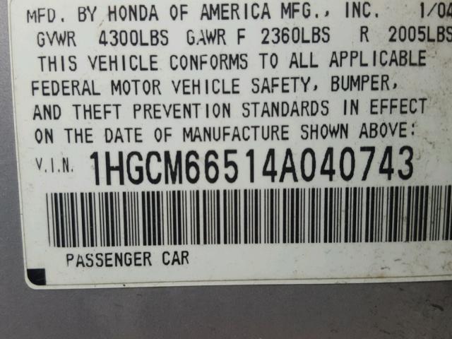 1HGCM66514A040743 - 2004 HONDA ACCORD EX SILVER photo 10