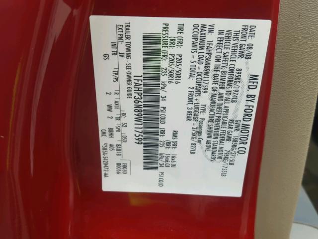 1FAHP36N89W117599 - 2009 FORD FOCUS SES RED photo 10