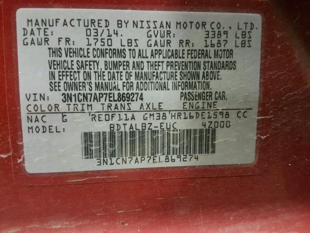 3N1CN7AP7EL869274 - 2014 NISSAN VERSA S RED photo 10