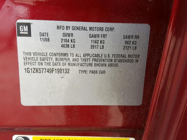 1G1ZK57749F190132 - 2009 CHEVROLET MALIBU LTZ 红色 照片 10