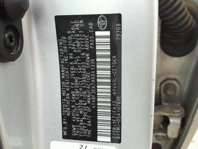 4T4BF3EK7AR041336 - 2010 TOYOTA CAMRY BASE SILVER photo 10