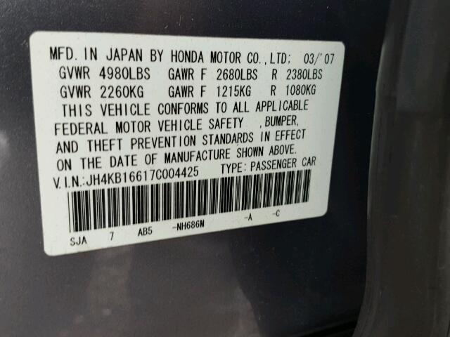 JH4KB16617C004425 - 2007 ACURA RL GRAY photo 10