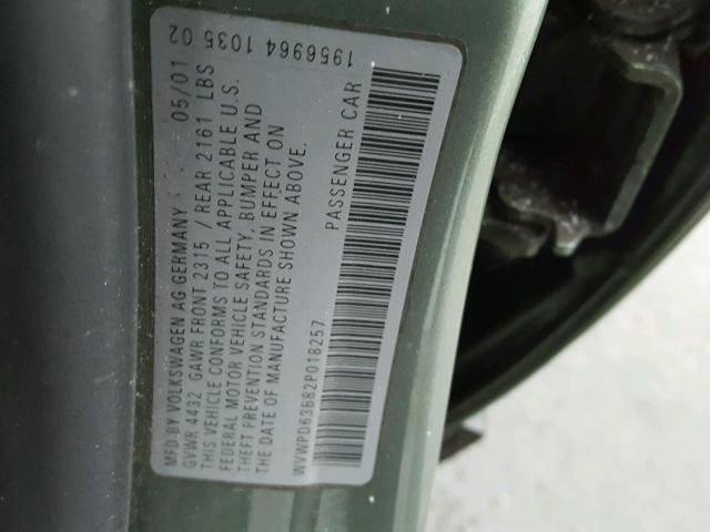 WVWPD63B82P018257 - 2002 VOLKSWAGEN PASSAT GLS GREEN photo 10