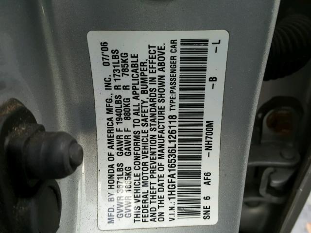 1HGFA16536L126118 - 2006 HONDA CIVIC LX SILVER photo 10