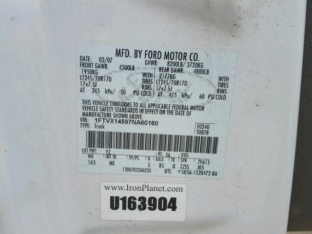 1FTVX14597NA60160 - 2007 FORD F150 WHITE photo 10