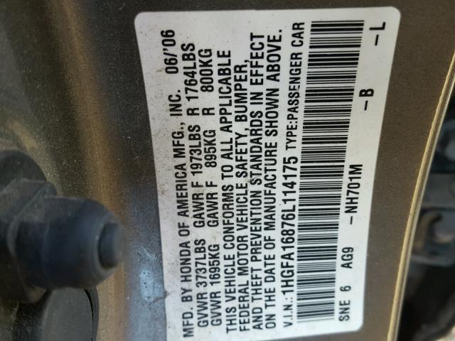 1HGFA16876L114175 - 2006 HONDA CIVIC EX ნაცრისფერი ფოტო 10