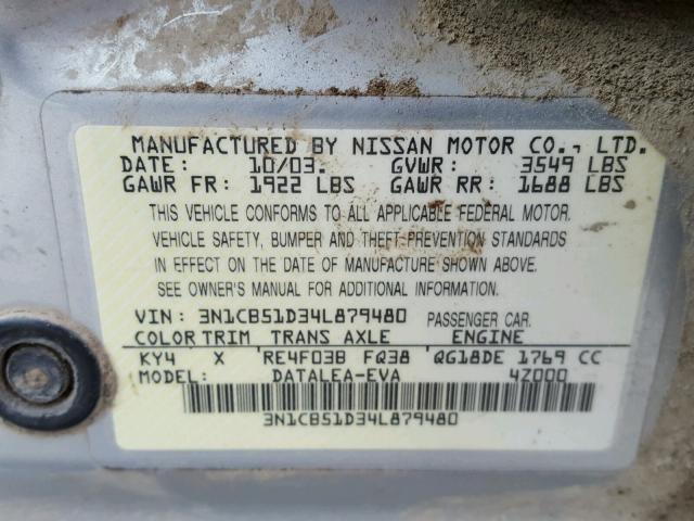 3N1CB51D34L879480 - 2004 NISSAN SENTRA 1.8 SILVER photo 10