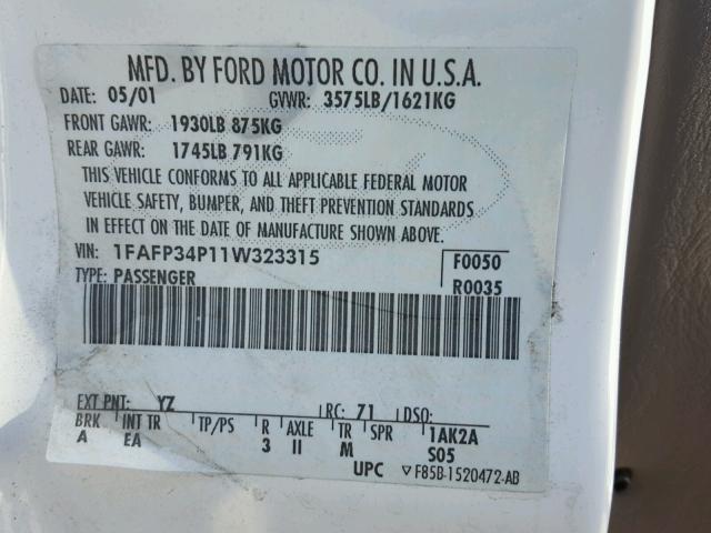 1FAFP34P11W323315 - 2001 FORD FOCUS SE WHITE photo 10