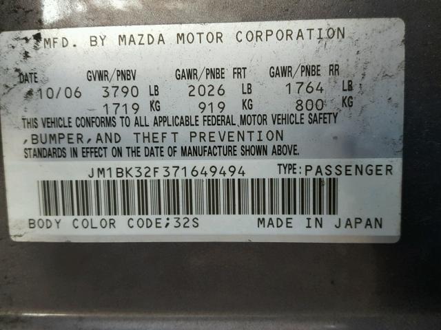 JM1BK32F371649494 - 2007 MAZDA MAZDA3 BLUE photo 10