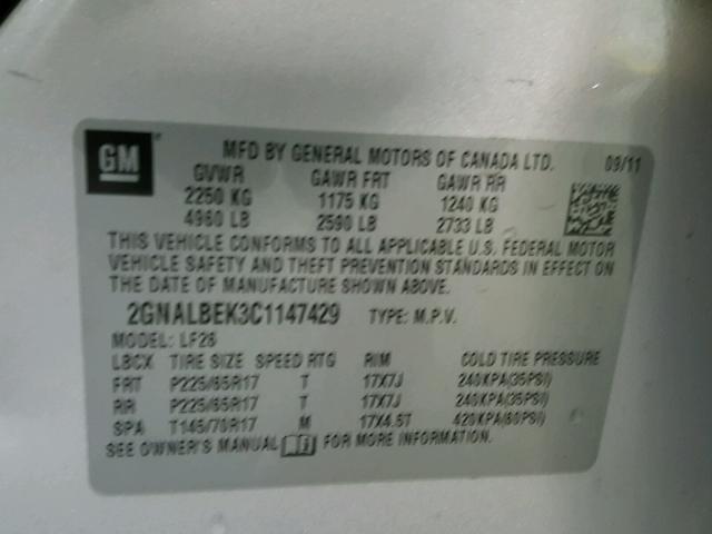 2GNALBEK3C1147429 - 2012 CHEVROLET EQUINOX LS SILVER photo 10