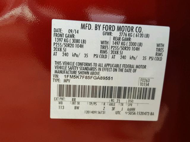 1FM5K7F85FGA89551 - 2015 FORD EXPLORER L BURGUNDY photo 10