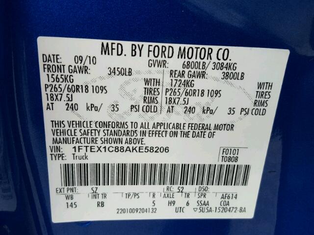 1FTEX1C88AKE58206 - 2010 FORD F150 SUPER BLUE photo 10