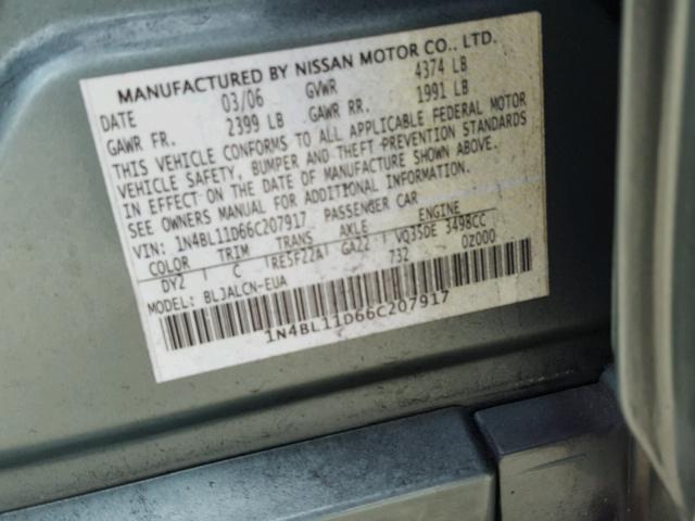 1N4BL11D66C207917 - 2006 NISSAN ALTIMA SE GREEN photo 10