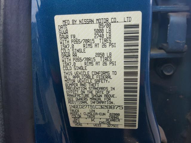 1N6ED27T91C328875 - 2001 NISSAN FRONTIER C BLUE photo 10