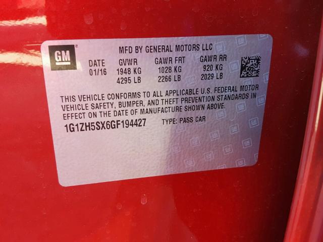 1G1ZH5SX6GF194427 - 2016 CHEVROLET MALIBU PRE 红色 照片 10