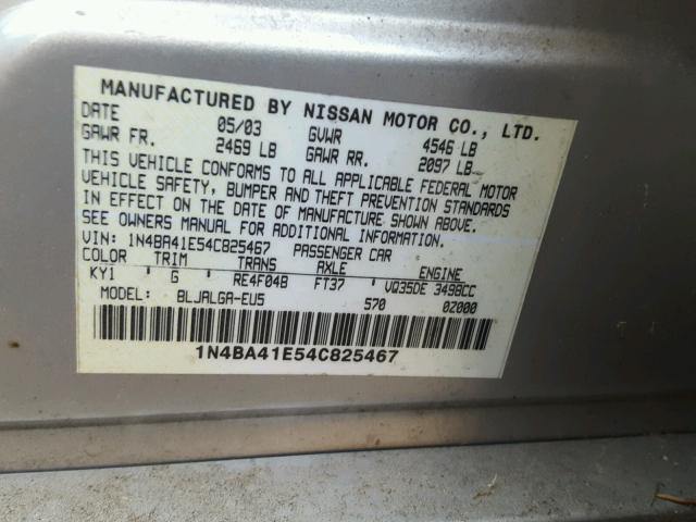 1N4BA41E54C825467 - 2004 NISSAN MAXIMA SE SILVER photo 10