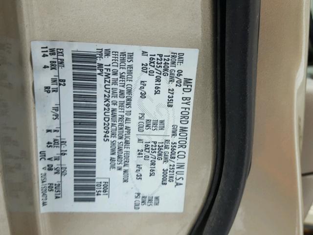 1FMZU72K92UD20945 - 2002 FORD EXPLORER X GOLD photo 10