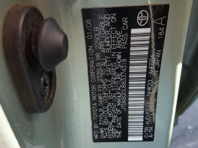 JTDKB20U883374318 - 2008 TOYOTA PRIUS GREEN photo 10