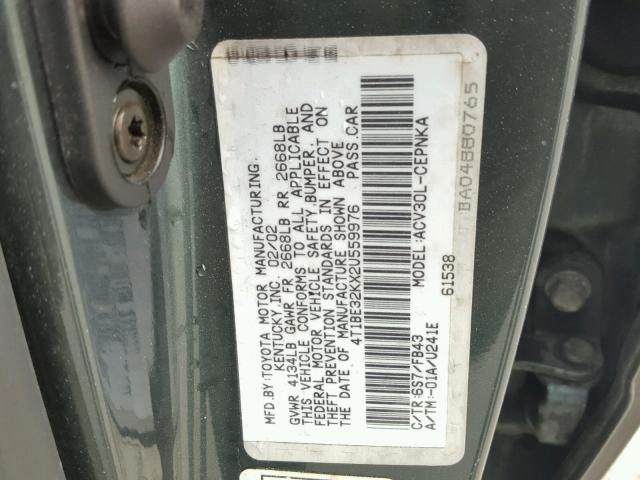 4T1BE32KX2U559976 - 2002 TOYOTA CAMRY LE 绿色 照片 10