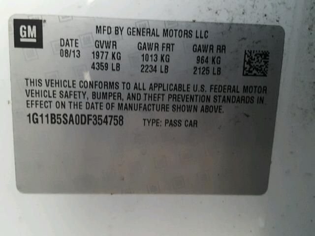 1G11B5SA0DF354758 - 2013 CHEVROLET MALIBU LS თეთრი ფოტო 10