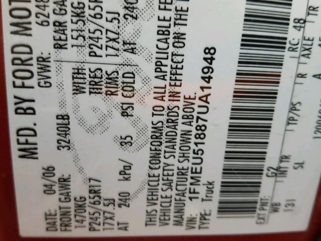 1FMEU51887UA14948 - 2007 FORD EXPLORER S 红色 照片 10